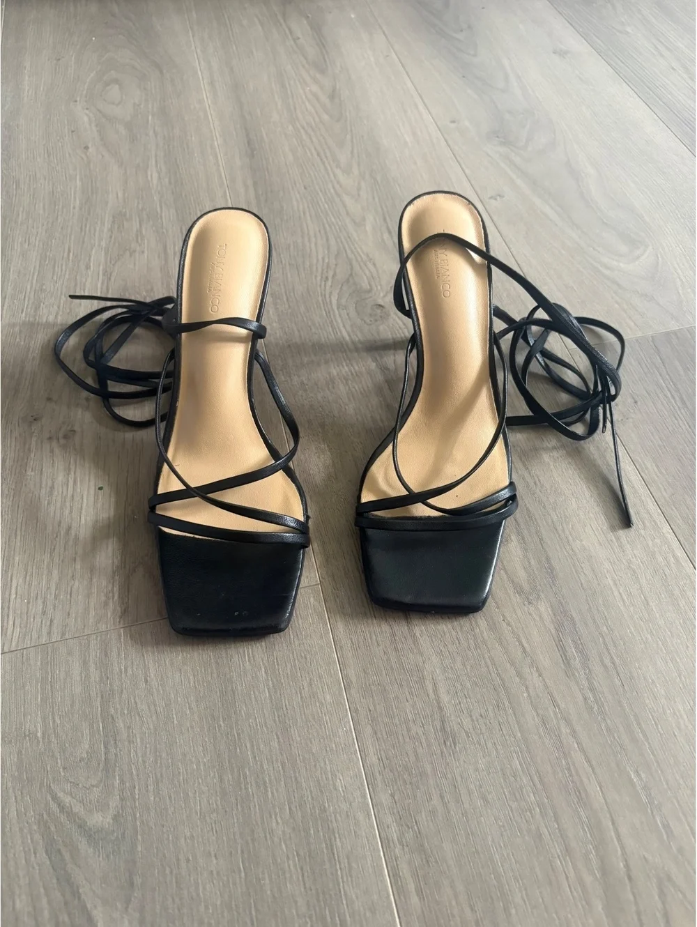 Tony Bianco Black Strappy Leather Lace-Up Heels Size 7